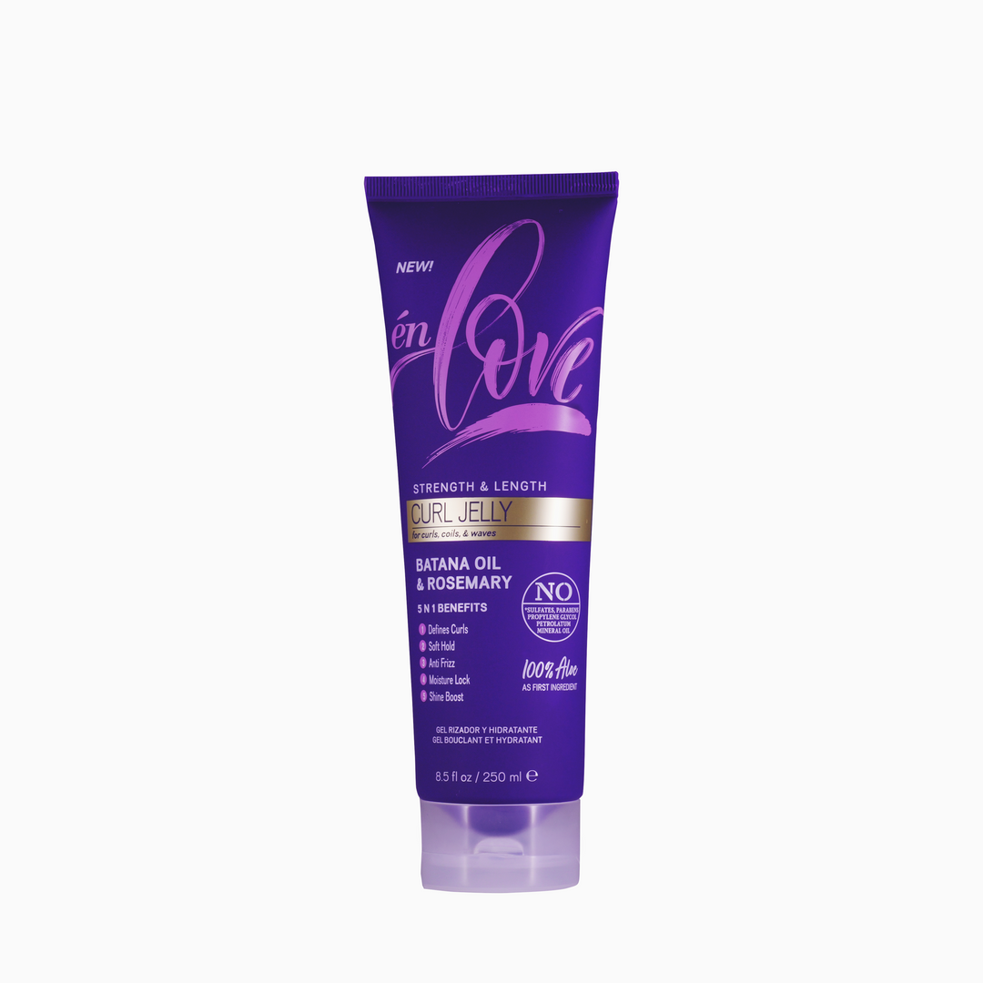 én love Curl Jelly with Rosemary Oil, Rice Water, Batana Oil & Biotin in a purple squeeze tube with a frosted flip-top cap
